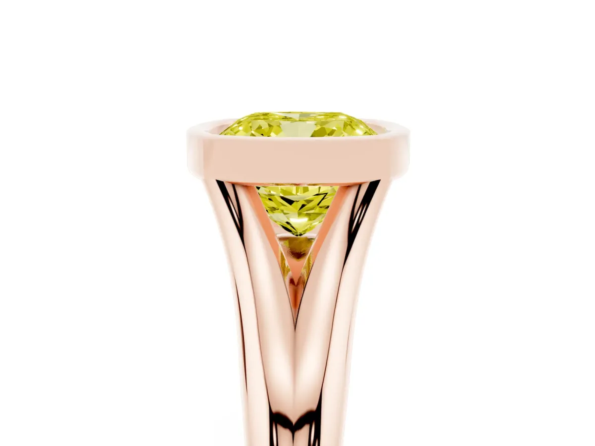 Fancy Yellow Bezel Set Cushion Cut Solitaire Diamond Ring with Smooth Band Rose gold