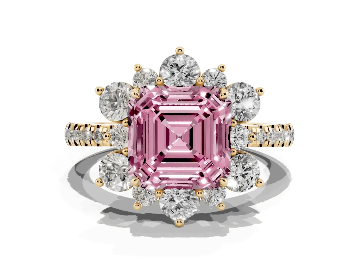 Fancy Pink Asscher Cut Diamond Floral Halo Ring with Round Pavé Band and Prong Setting Yellow gold