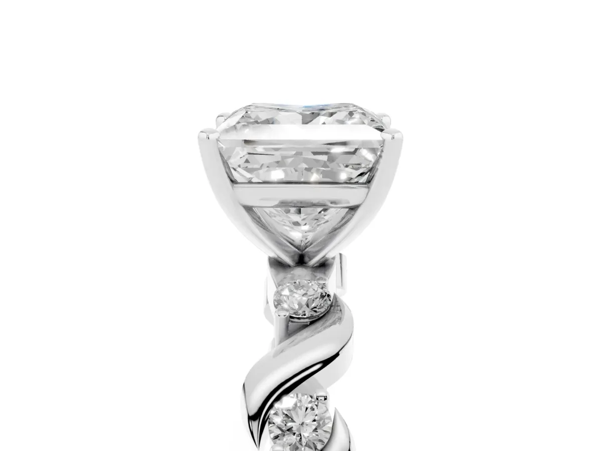 Princess Cut Diamond Solitaire Twisted Band with Round Accents and Prong Setting White gold