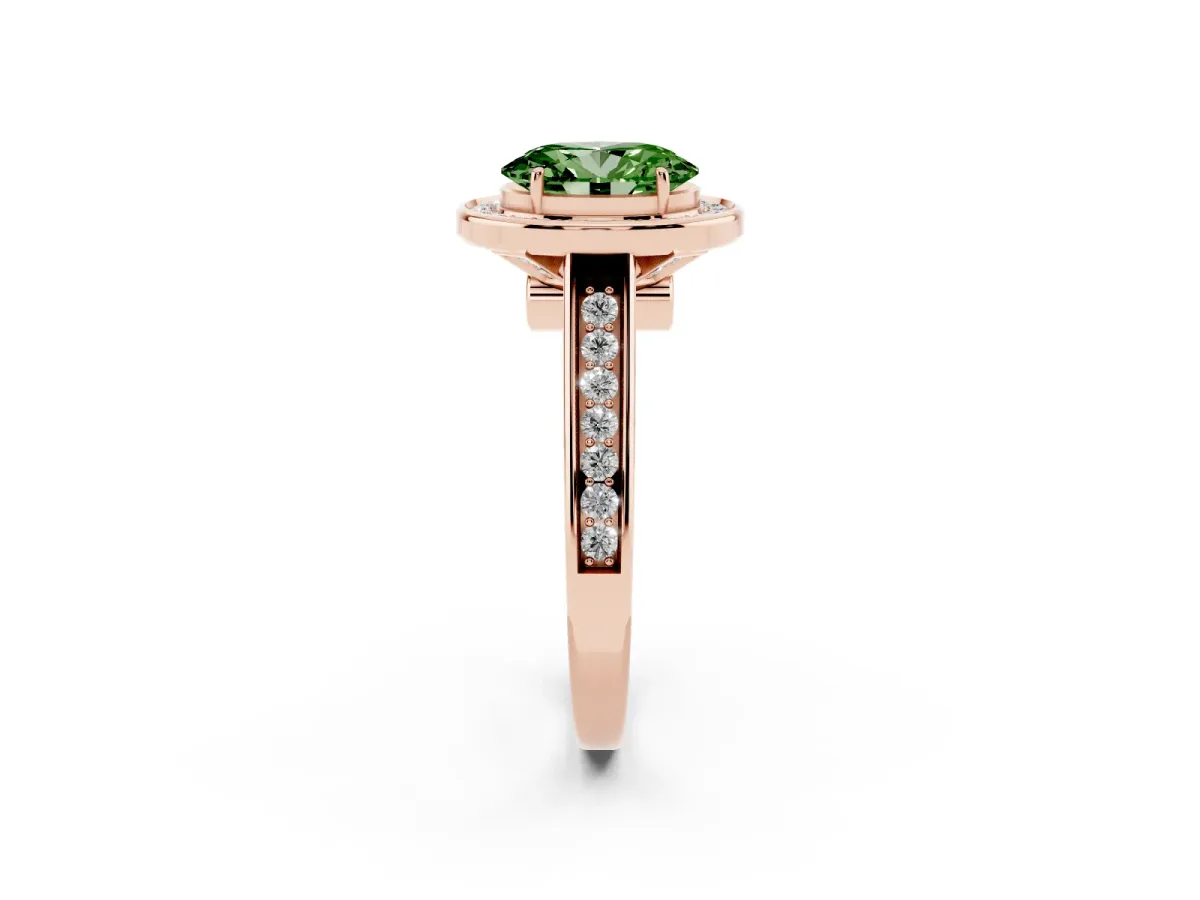 Fancy Green Oval Cut Halo Solitaire Diamond Ring with Pave Band and Bezel Setting Rose gold