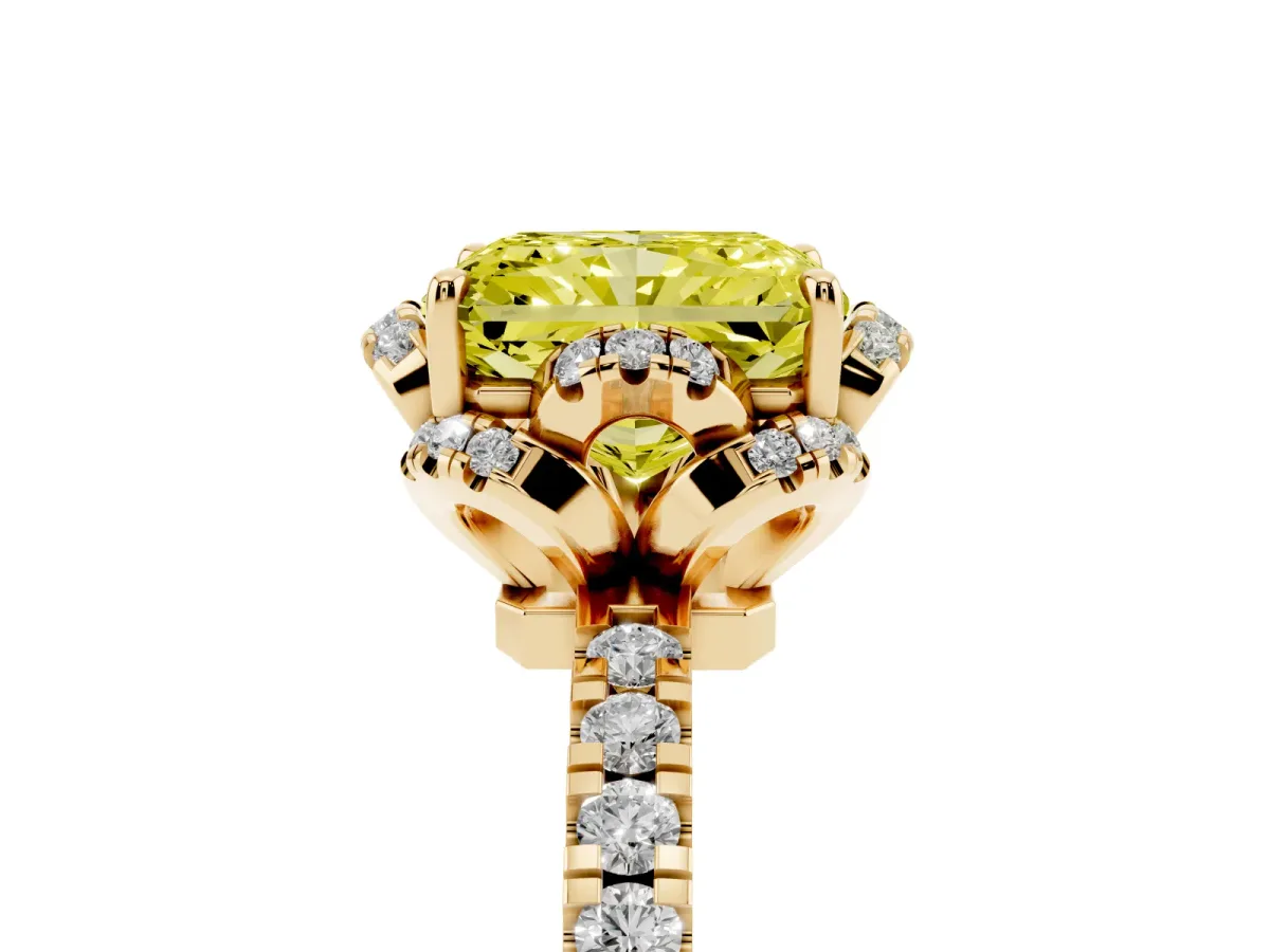 Fancy Yellow Radiant Cut Halo Diamond Pave Band Ring with Four-Prong Setting Yellow gold