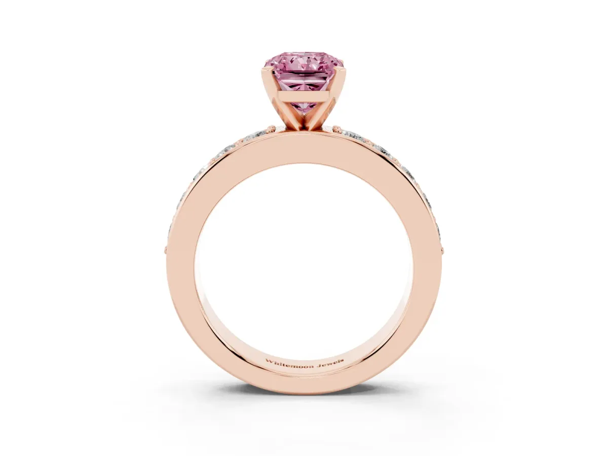 Fancy Pink Radiant Cut Diamond Engagement Ring with Channel Set Round Band and Prong Setting Rose gold