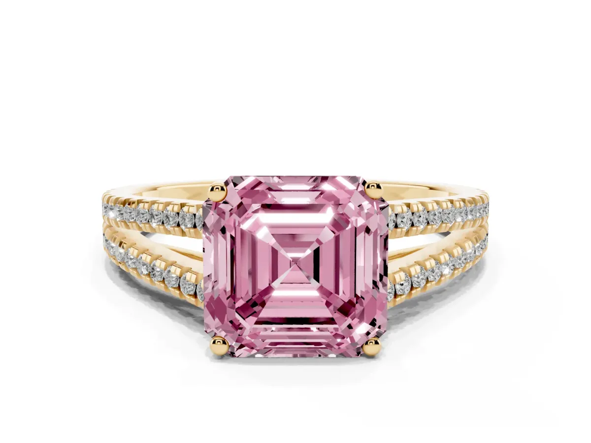 Fancy Pink Asscher Cut Diamond Solitaire Engagement Ring with Split Shank Pavé Band Yellow gold