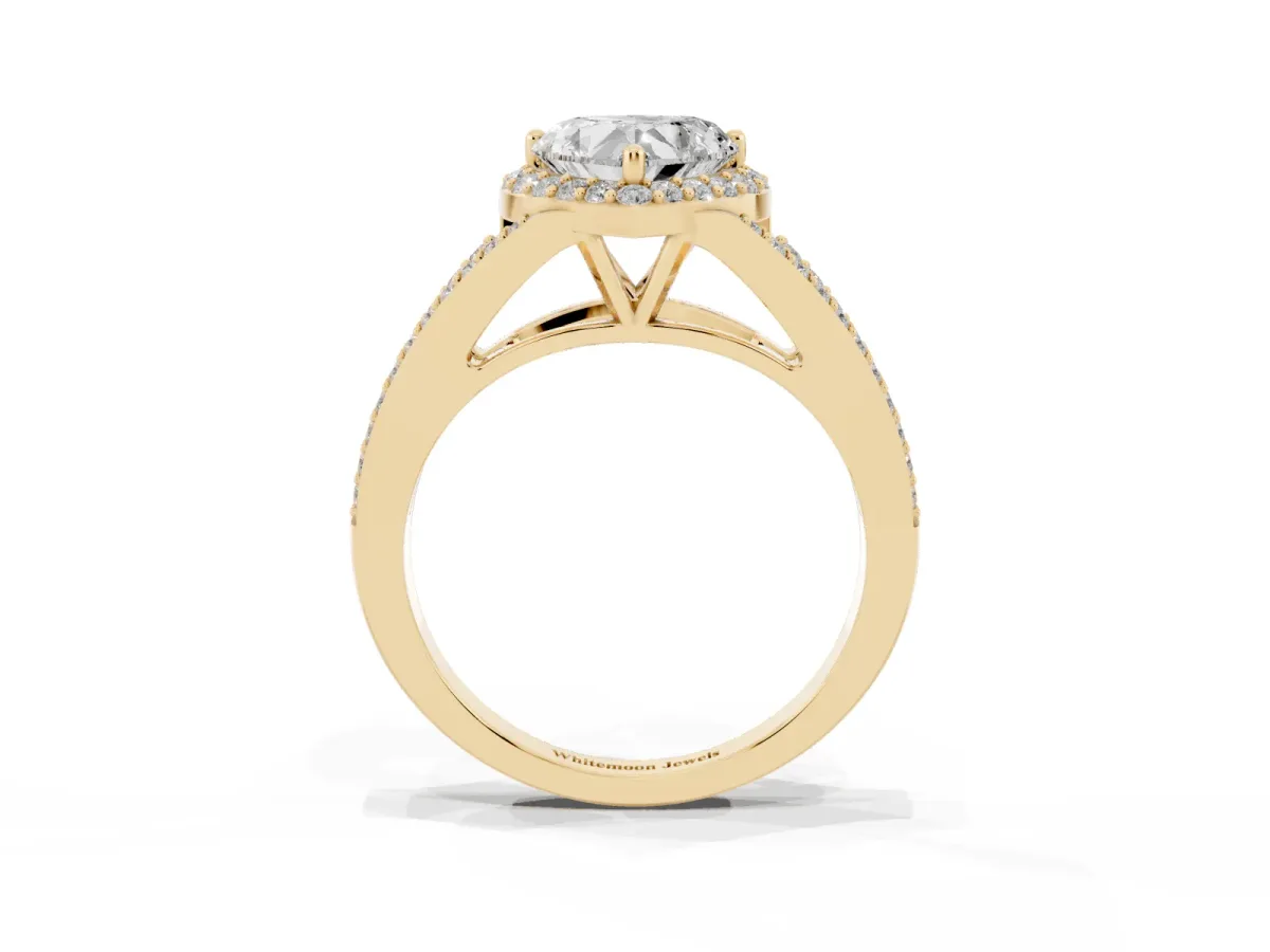 Heart Cut Halo Split Shank Diamond Ring with Prong Setting Yellow gold