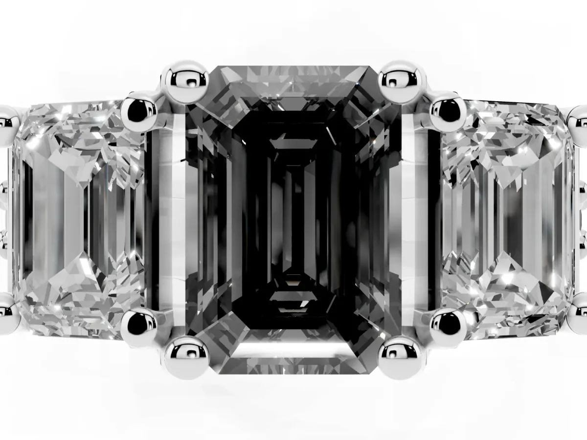 Fancy Black Emerald Cut Diamond Three-Stone Ring with Channel Set Band and Four-Prong Setting Silver