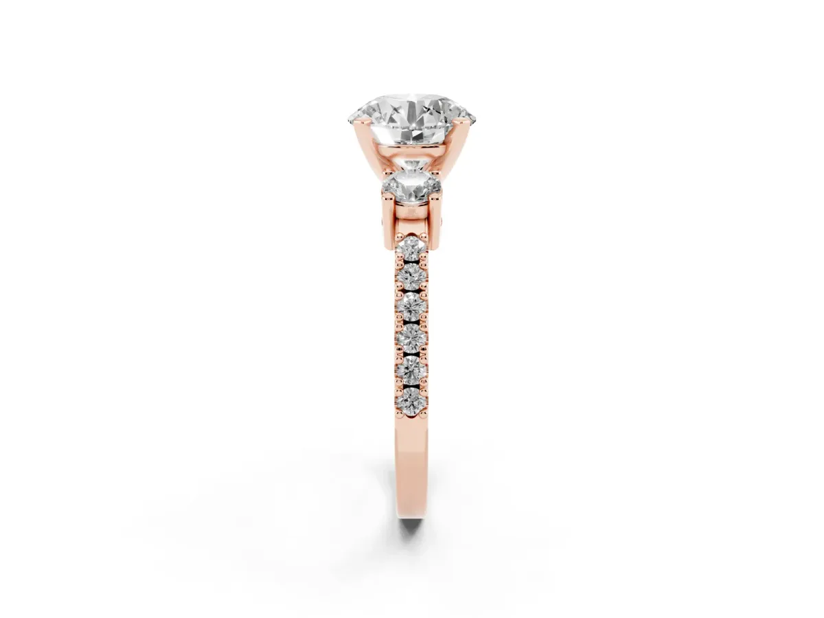 Round Cut Three-Stone Diamond Pavé Band with Prong Setting Rose gold