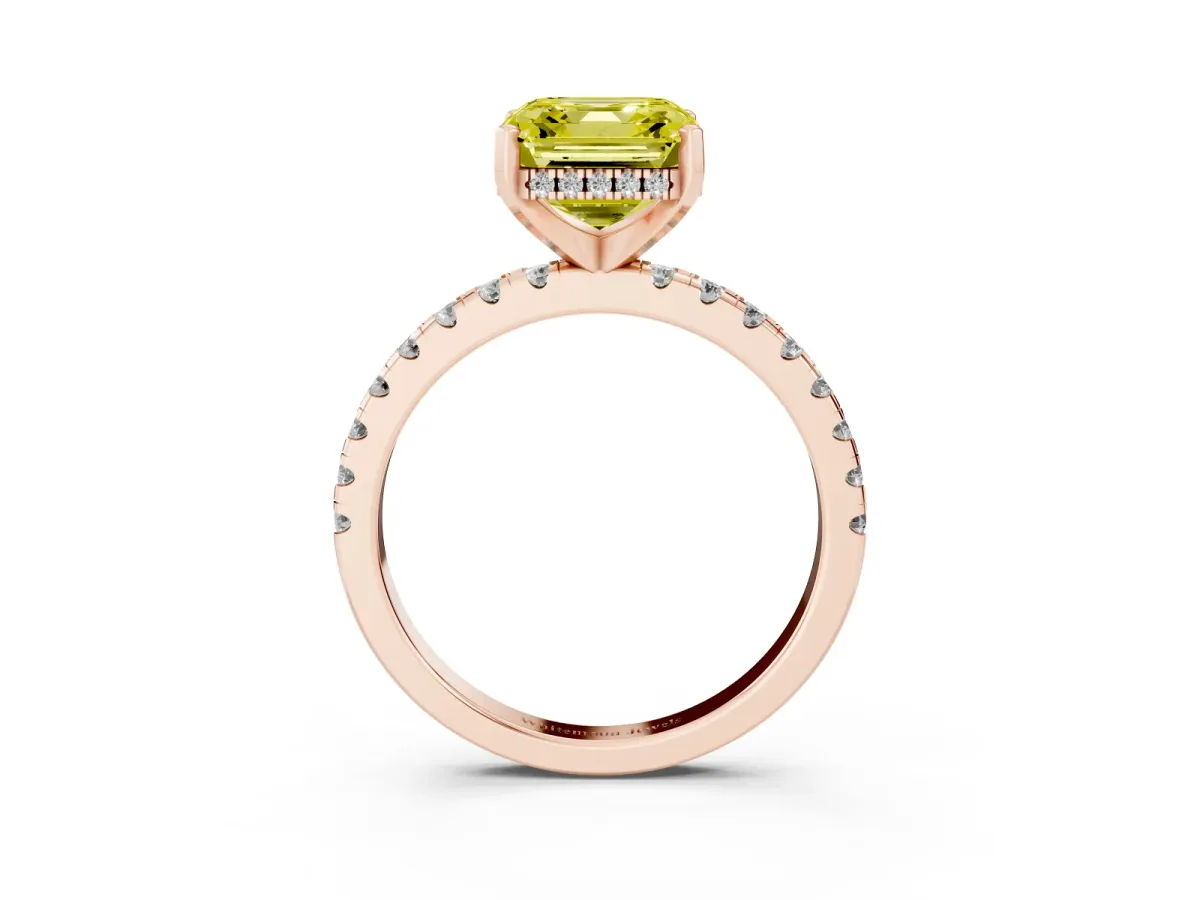 Fancy Yellow Asscher Cut Diamond Solitaire Ring with Round Pavé Band and Four-Prong Setting Rose gold