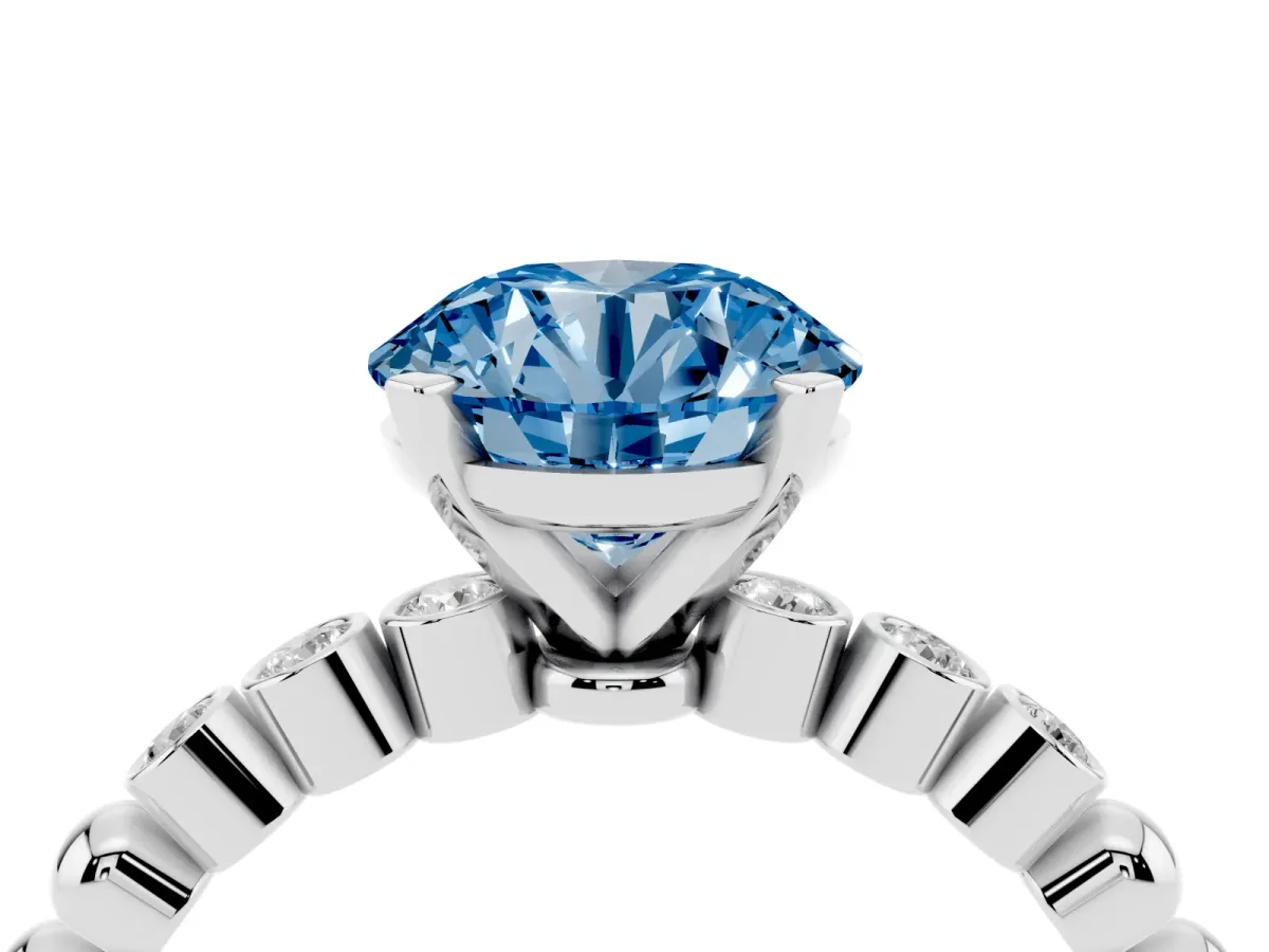 Fancy Blue Round Cut Solitaire Bezel Accent Diamond Engagement Ring with Beaded Band and Four-Prong Setting Silver