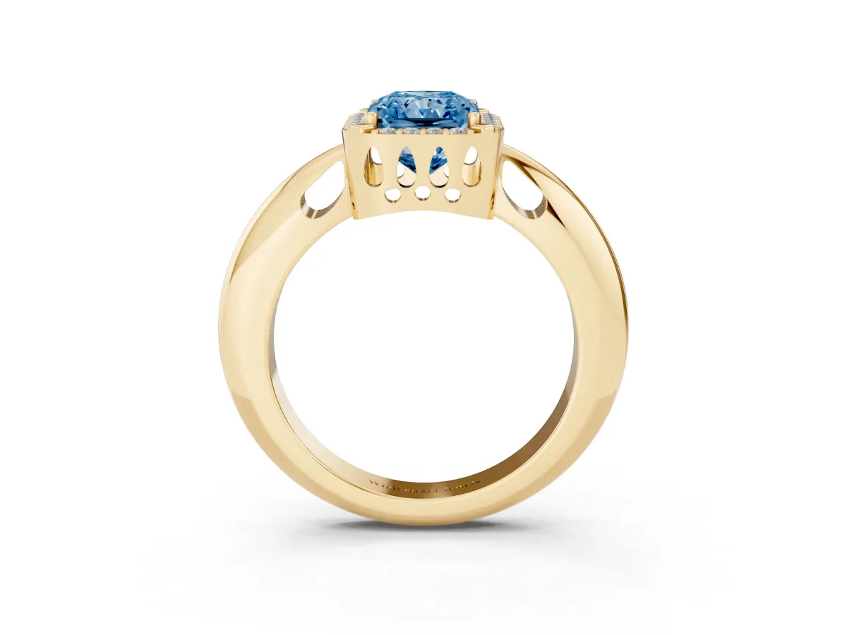 Fancy Blue Radiant Cut Cut Diamond Halo Engagement Ring with Split Shank and Four-Prong Setting Yellow gold