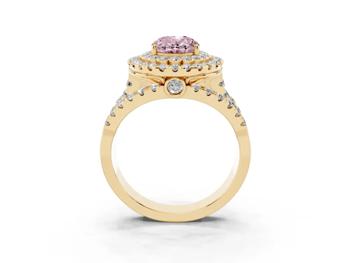 Fancy Pink Oval Cut Diamond Double Halo Ring with Round Pavé Split Shank and Prong Setting Yellow gold