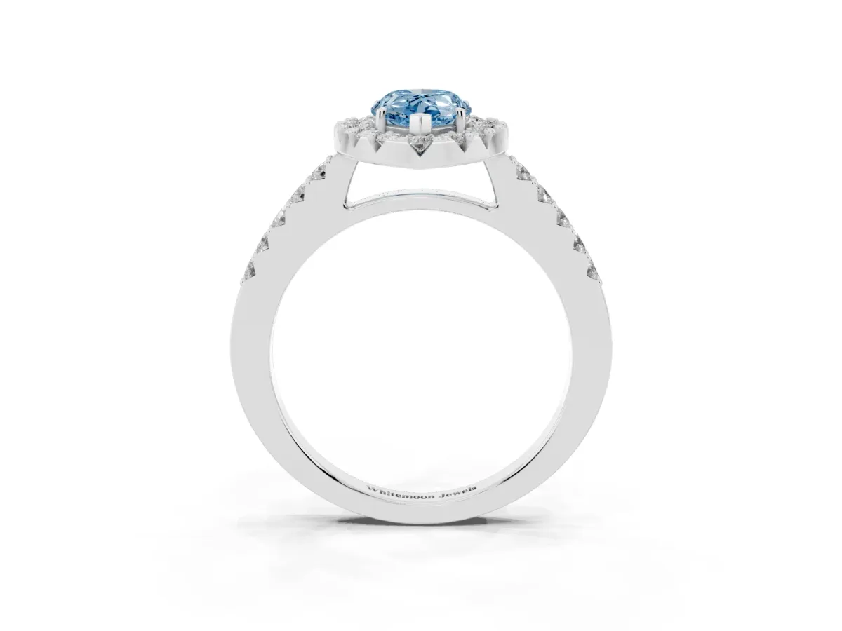 Fancy Blue Pear Cut Halo Diamond Pavé Solitaire Ring Platinum