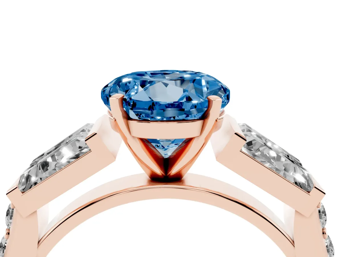 Fancy Blue Round Cut Diamond Engagement Ring with Baguette Side Stones and Channel Set Band Rose gold