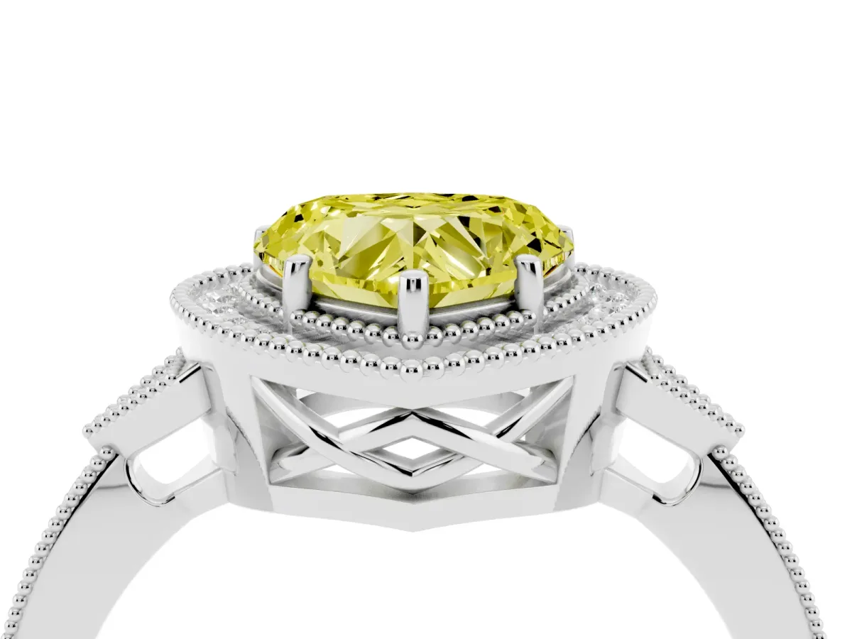 Fancy Yellow Heart Cut Halo Round Diamond Milgrain Pave Engagement Ring Platinum