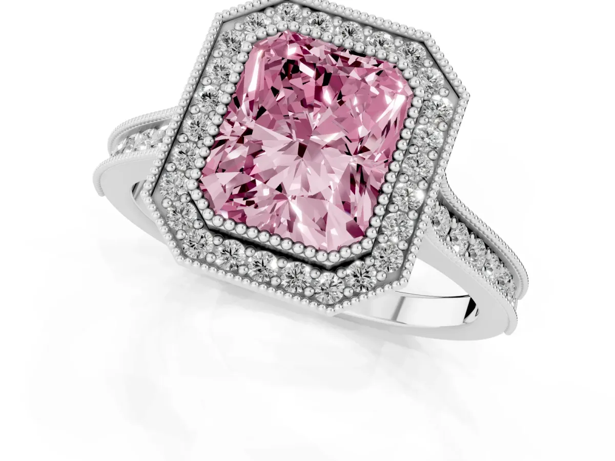 Fancy Pink Halo Radiant Cut-Cut Diamond Pave Band Milgrain Prong Setting Ring Silver
