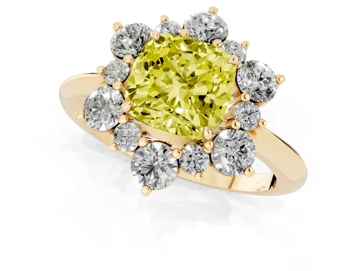 Fancy Yellow Cushion Cut Diamond Cluster Halo Ring with Solitaire Band and Four-Prong Setting Yellow gold