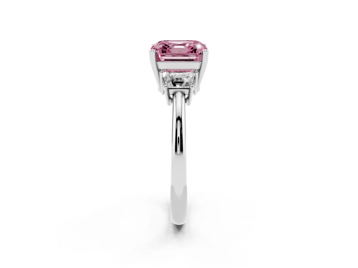 Fancy Pink Asscher Cut Diamond Three-Stone Ring with Trapezoid Side Stones and Prong Setting Silver