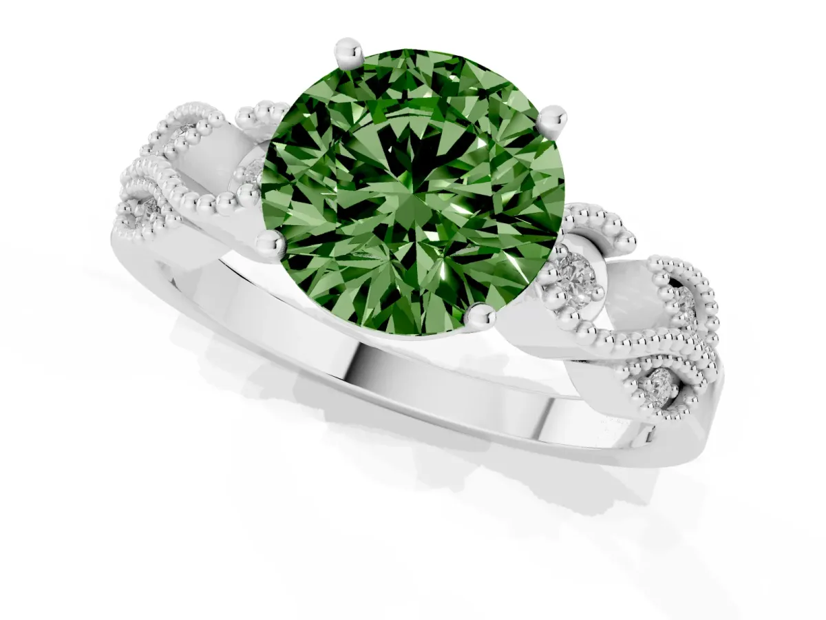 Fancy Green Round Cut Solitaire Milgrain Leaf Band with Prong Setting Silver