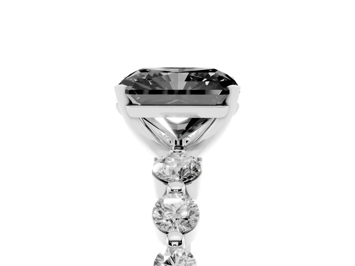 Fancy Black Radiant Cut Solitaire Diamond Ring with Pave Band and Four-Prong Setting Silver