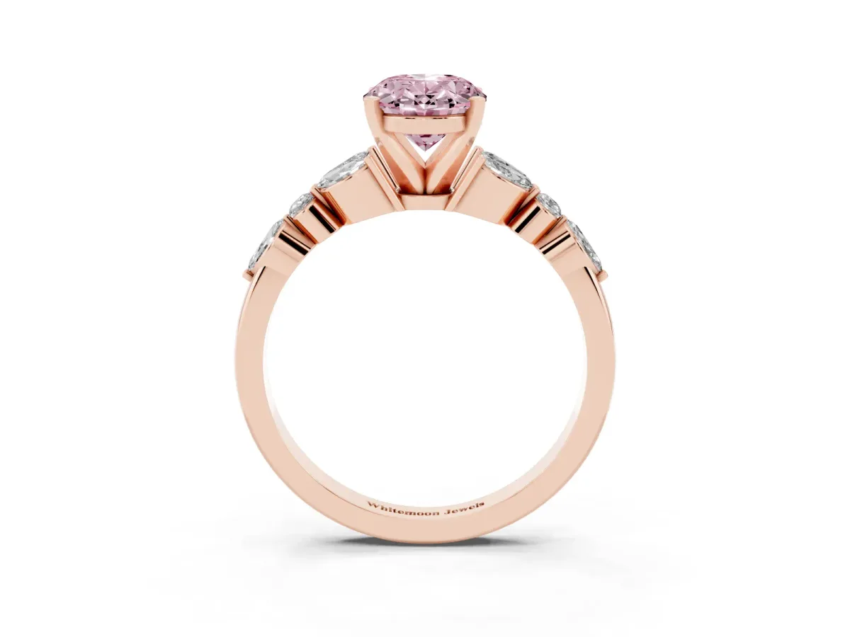 Fancy Pink Oval Cut Diamond Solitaire Ring with Side Stones and Four-Prong Setting Rose gold