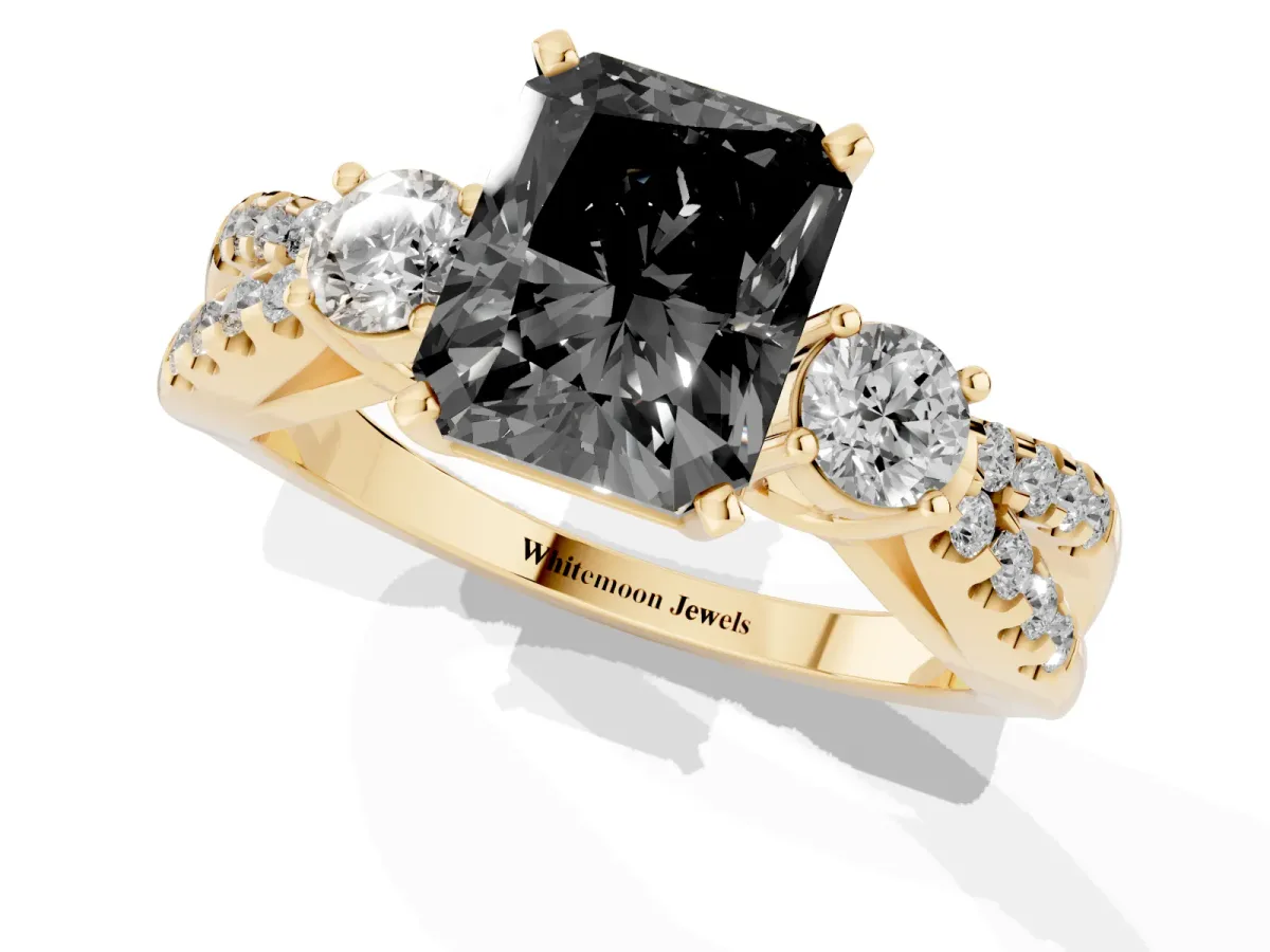 Fancy Black Radiant Cut Diamond Three-Stone Ring with Pavé Split Shank and Four-Prong Setting Yellow gold
