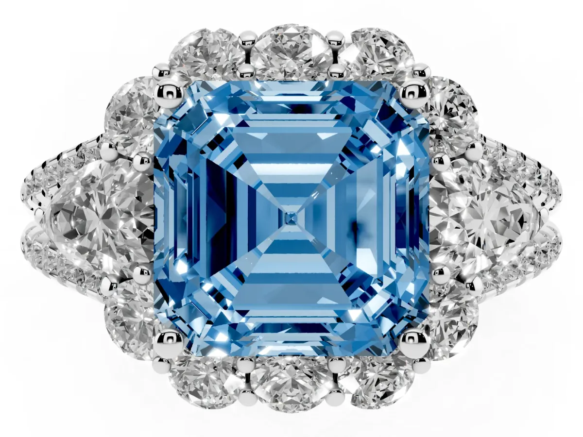 Fancy Blue Asscher Cut Halo Split Shank Diamond Engagement Ring with Prong Setting Silver
