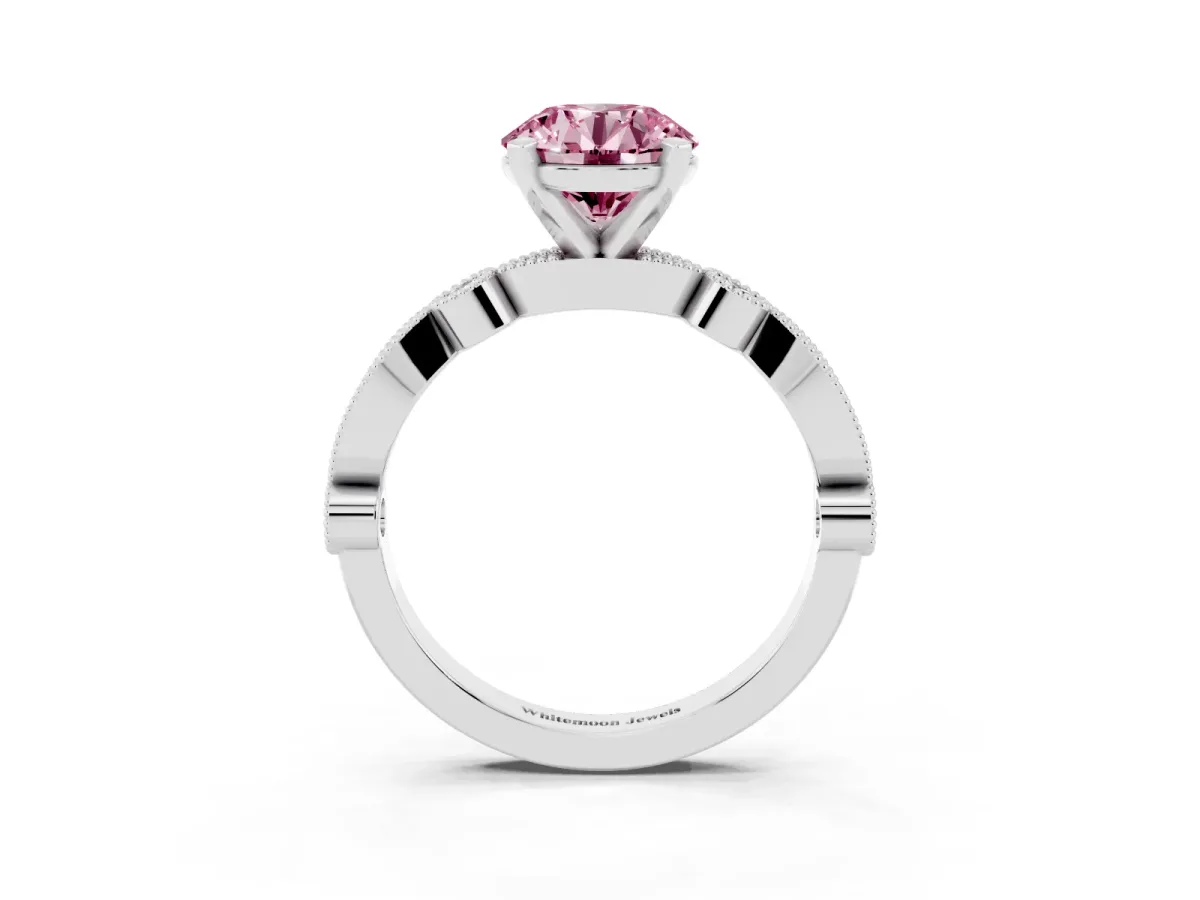Fancy Pink Round Cut Milgrain Bezel Diamond Engagement Ring with Solitaire Prong Setting Silver