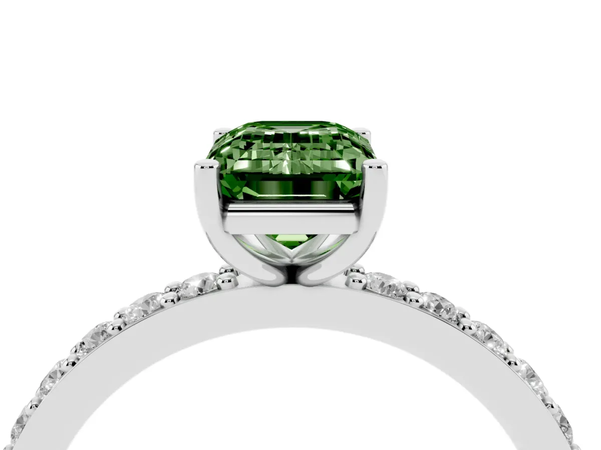 Fancy Green Emerald Cut Cut Diamond Solitaire with Pave Band and Four-Prong Setting Silver