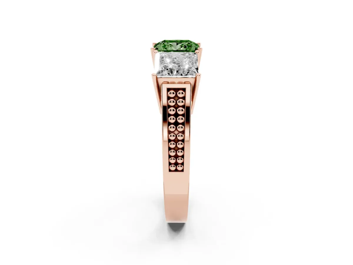 Fancy Green Princess Cut Diamond Three-Stone Ring with Prong Setting and Textured Band Rose gold