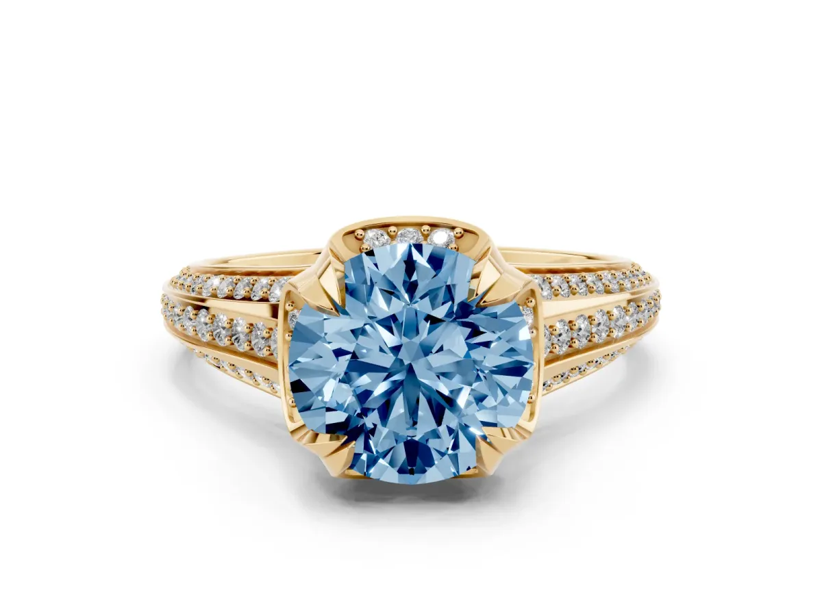 Fancy Blue Round Cut Solitaire Pave Split Shank Ring with Four-Prong Setting Yellow gold