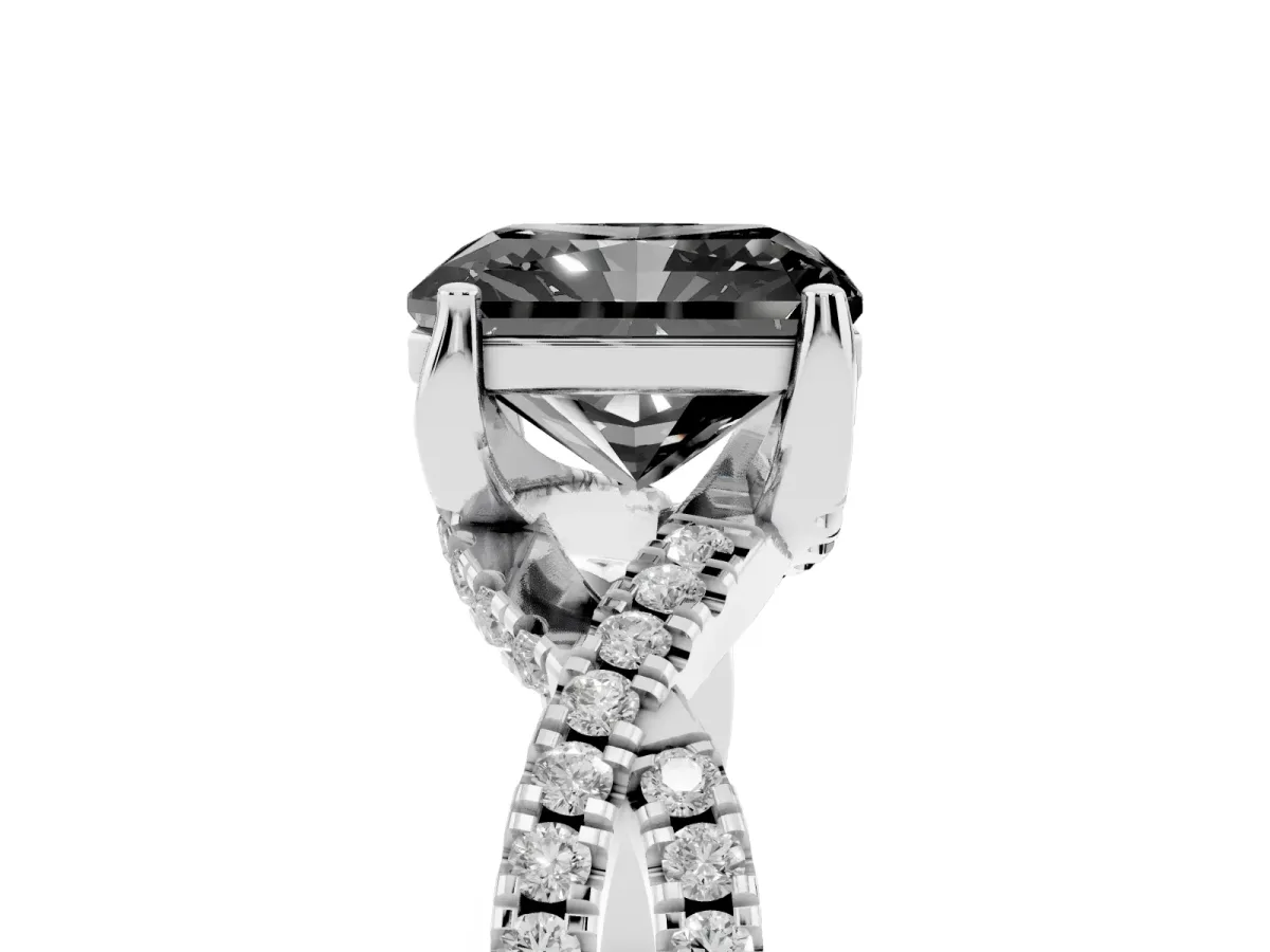 Fancy Black Radiant Cut Solitaire Twist Pave Diamond Engagement Ring with Prong Setting Silver