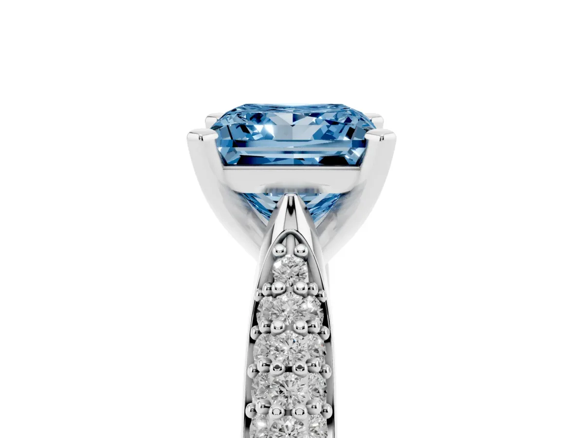 Fancy Blue Princess Cut Diamond Solitaire Engagement Ring with Multi-Row Round Pavé Band and Prong Setting White gold