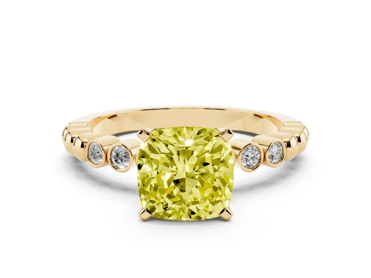 Fancy Yellow Cushion Cut Solitaire Bezel Accent Diamond Engagement Ring with Beaded Band and Four-Prong Setting Yellow gold