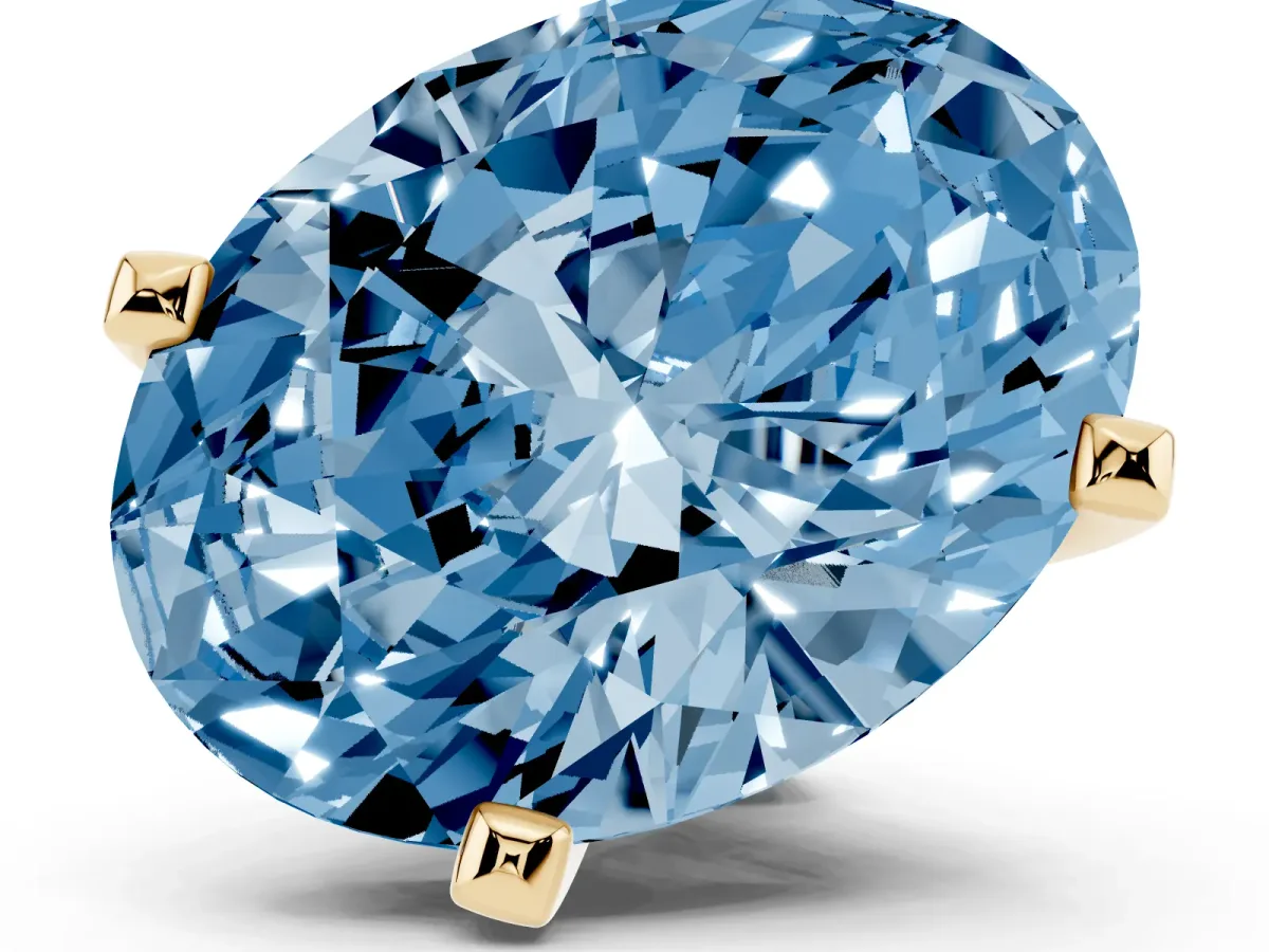 Fancy Blue Oval Cut Diamond Solitaire Ring with Prong Setting and Classic Band Yellow gold