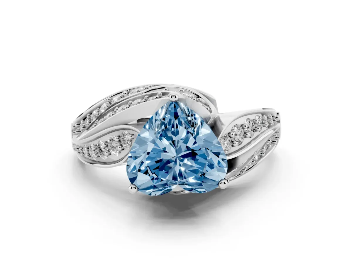 Fancy Blue Heart Cut Diamond Solitaire Ring with Prong Setting and Twisted Pavé Band Silver