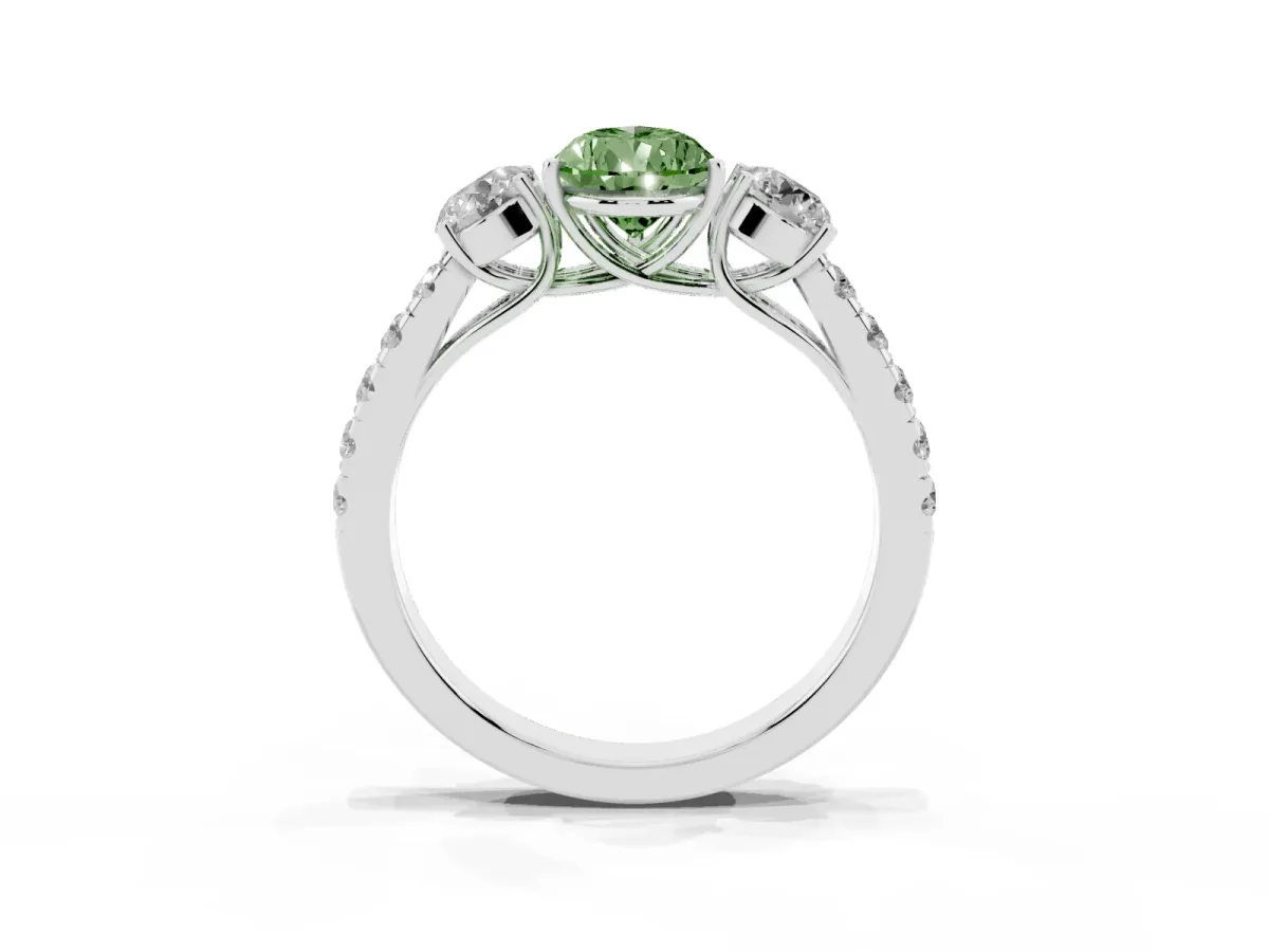 Fancy Green Pear Cut Cut Diamond Three-Stone Ring with Round Side Stones and Pavé Band Platinum