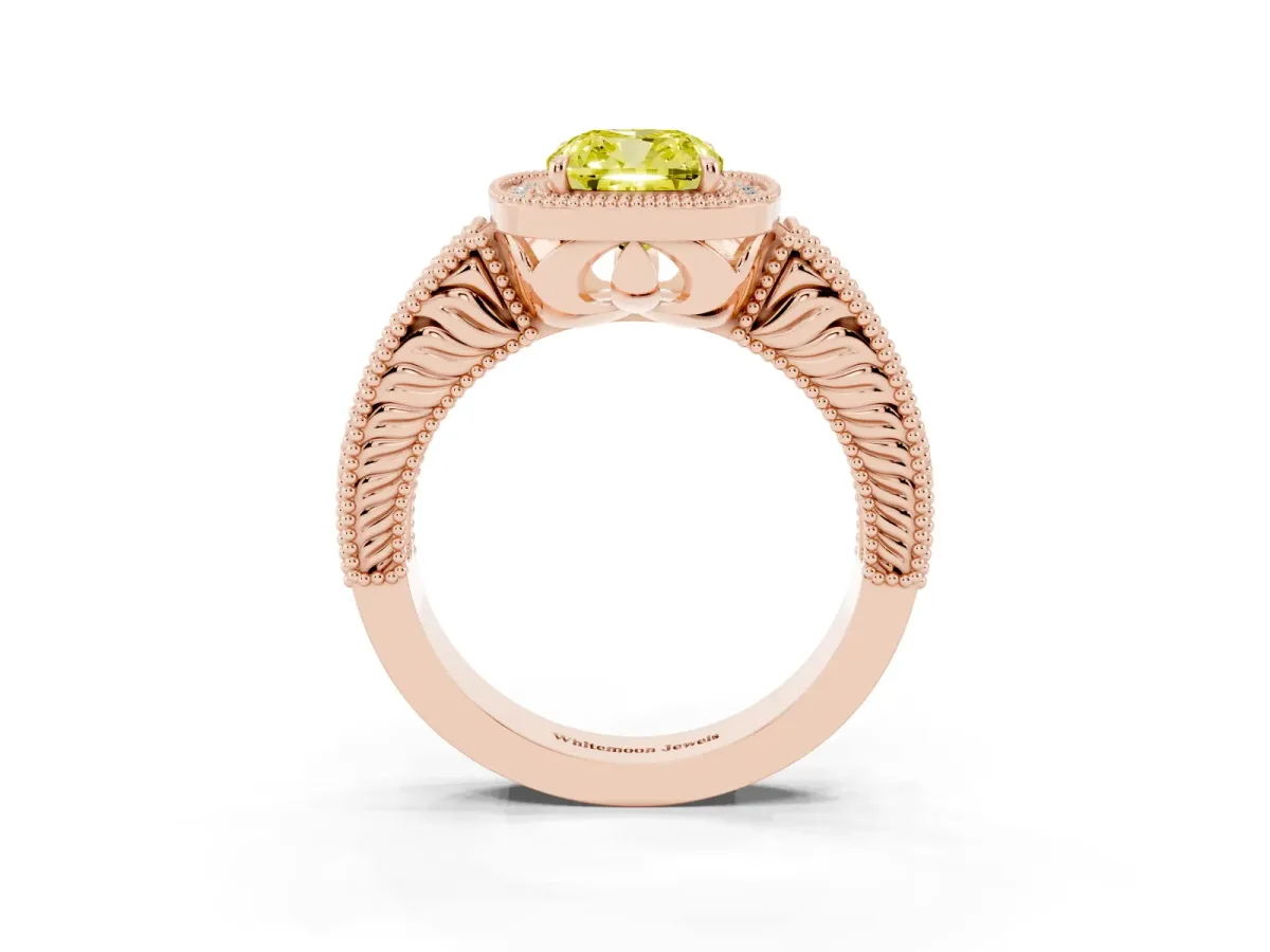 Fancy Yellow Cushion Cut Cut Halo Diamond Ring with Pavé Band and Four-Prong Setting Rose gold
