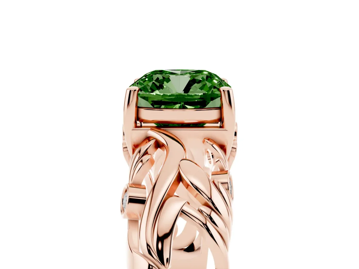 Fancy Green Cushion Cut Solitaire Diamond Leaf-Inspired Vine Band Ring with Prong Setting Rose gold