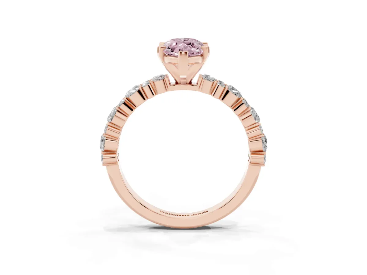 Fancy Pink Marquise Cut Diamond Side Stone Solitaire Ring with Round and Four-Prong Setting Rose gold