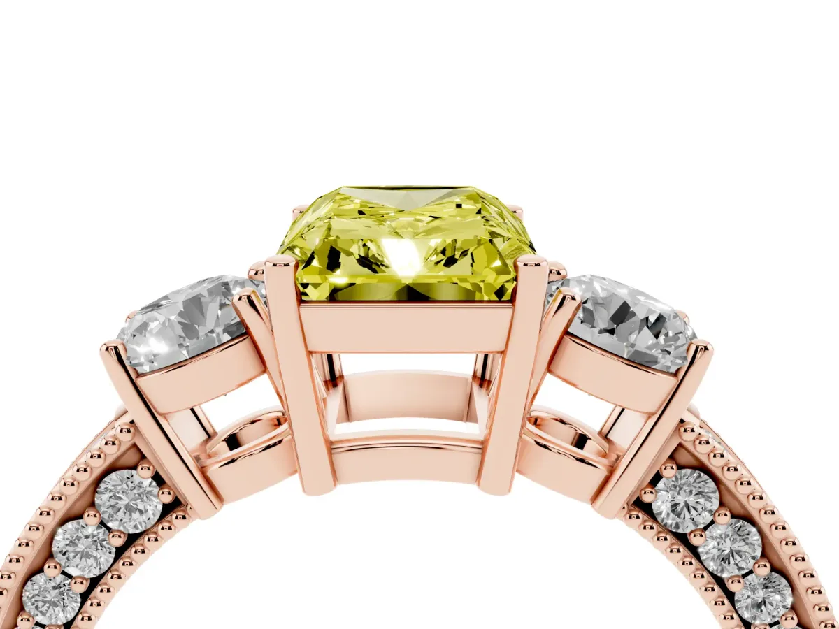 Fancy Yellow Radiant Cut Three-Stone Diamond Ring with Pavé Band and Four-Prong Setting Rose gold