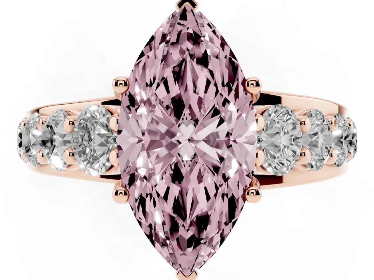 Fancy Pink Marquise Cut Diamond Engagement Ring with Pavé Band and Four-Prong Setting Rose gold