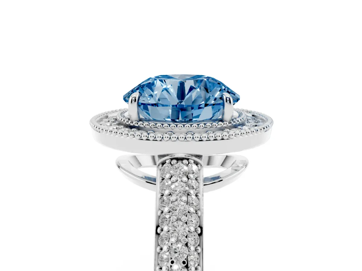 Fancy Blue Round Cut Cut Halo Diamond Pave Band with Four-Prong Setting White gold