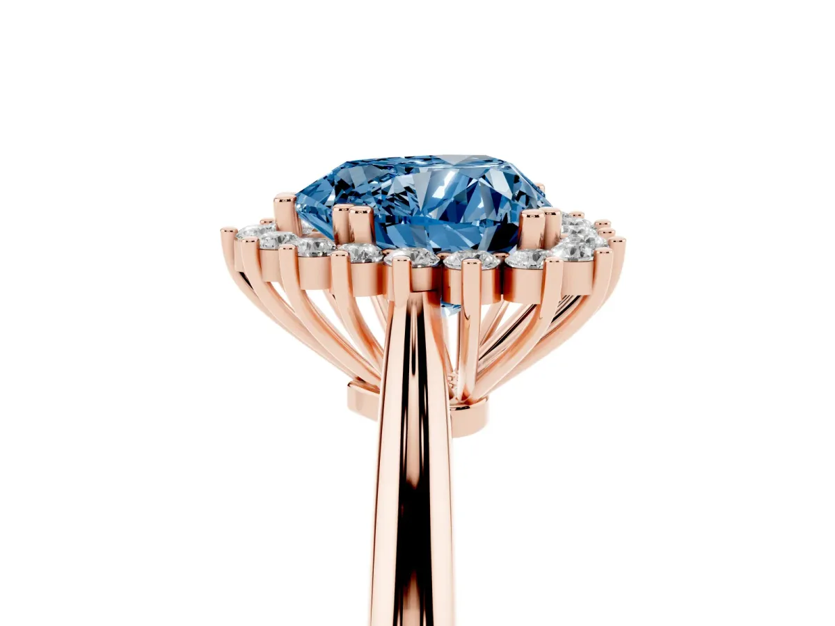 Fancy Blue Heart Cut Cut Diamond Halo Ring with Solitaire Band and Prong Setting Rose gold