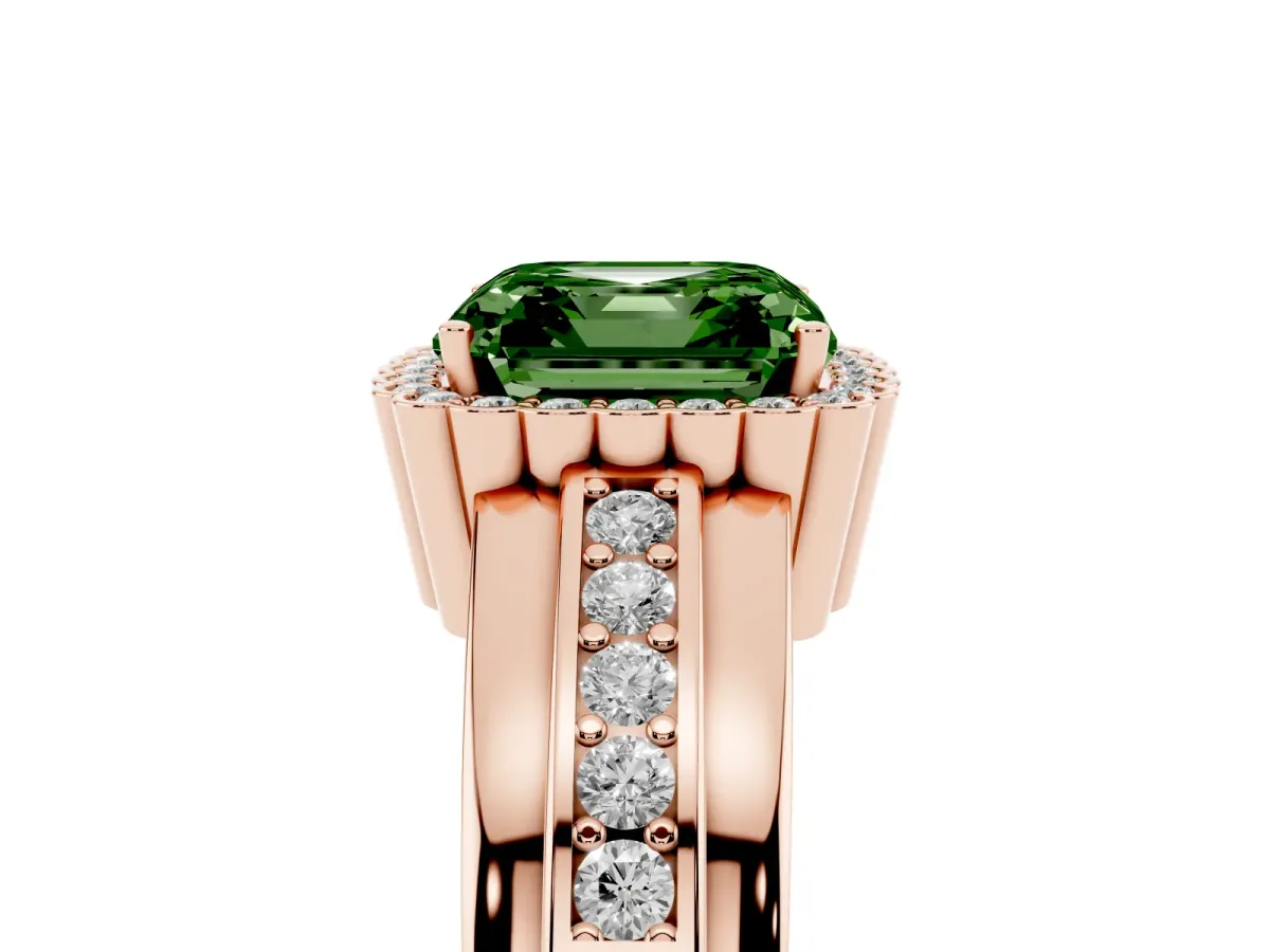 Fancy Green Asscher Cut Cut Halo Pave Band Four-Prong Ring Rose gold