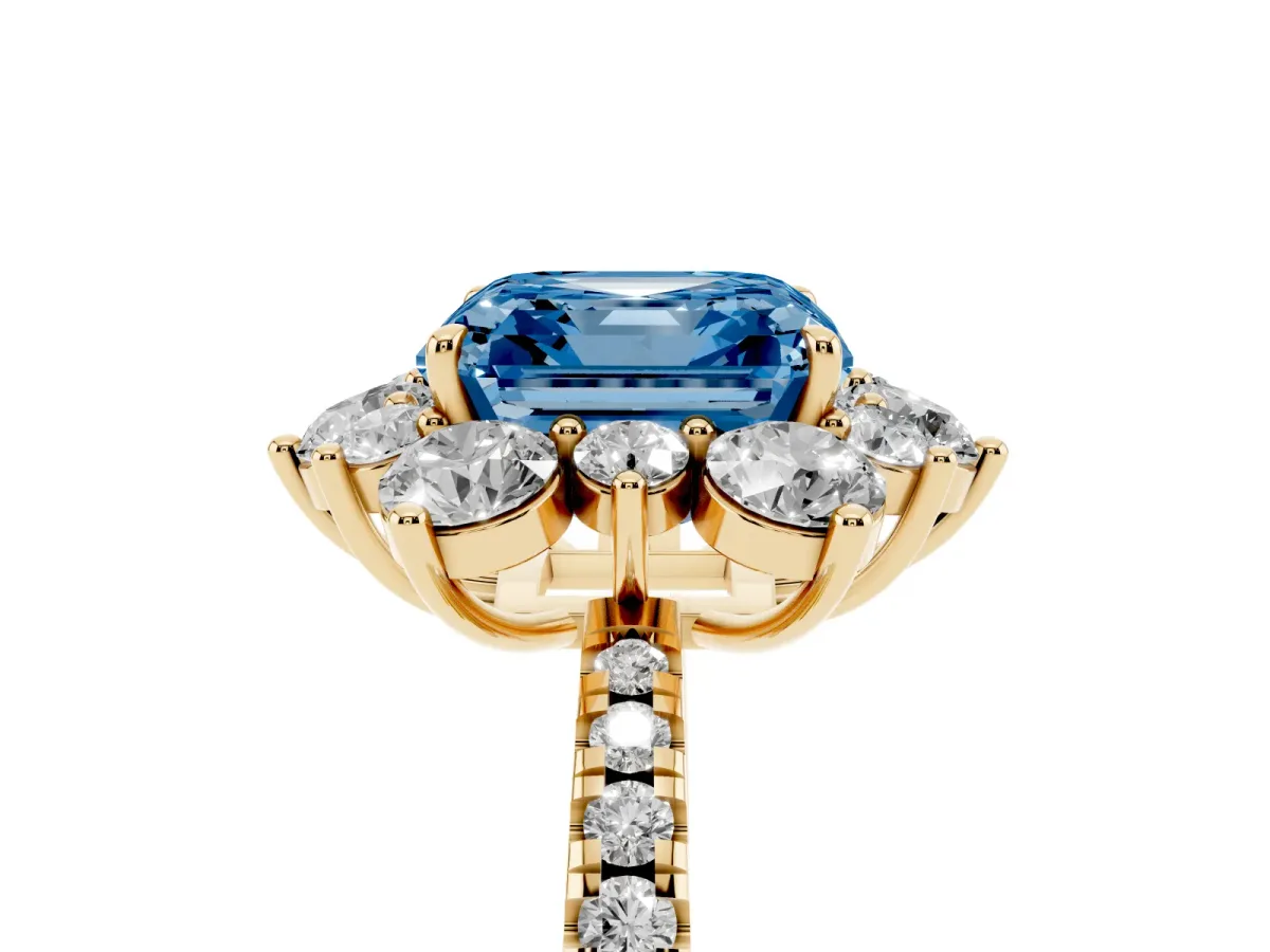 Fancy Blue Asscher Cut Diamond Floral Halo Ring with Round Pavé Band and Prong Setting Yellow gold