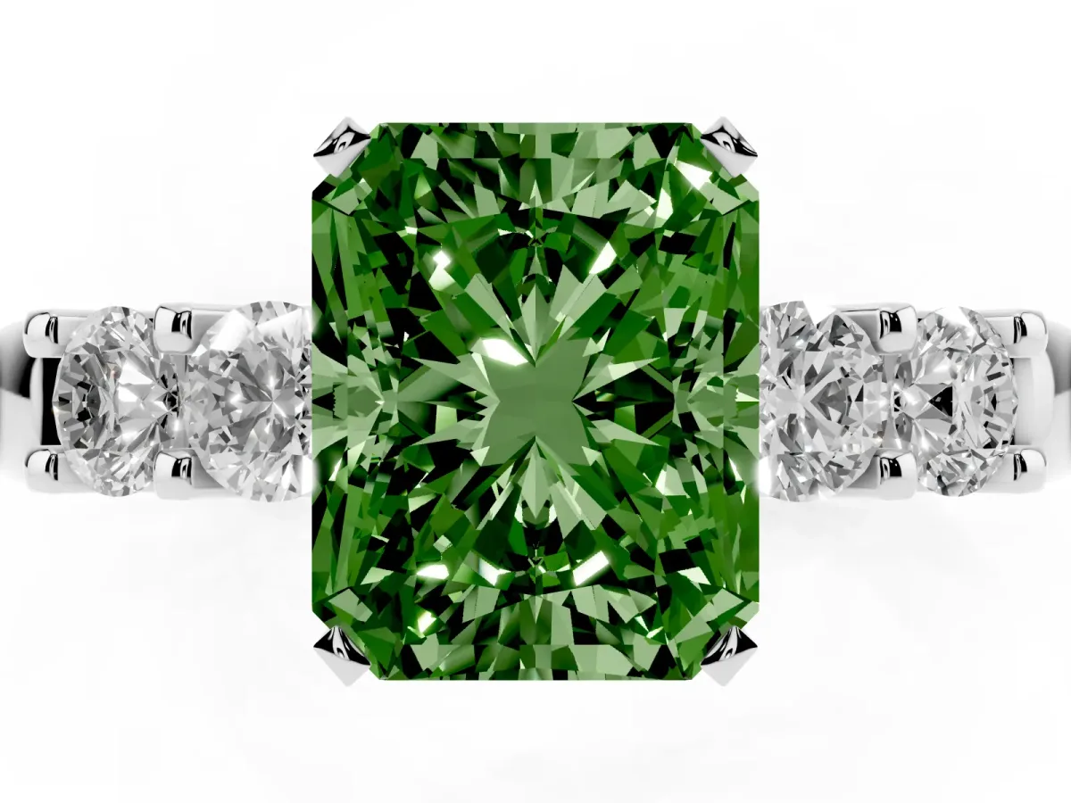 Fancy Green Radiant Cut Brilliant Cut Diamond Five-Stone Prong Set Engagement Ring with Channel Band Platinum