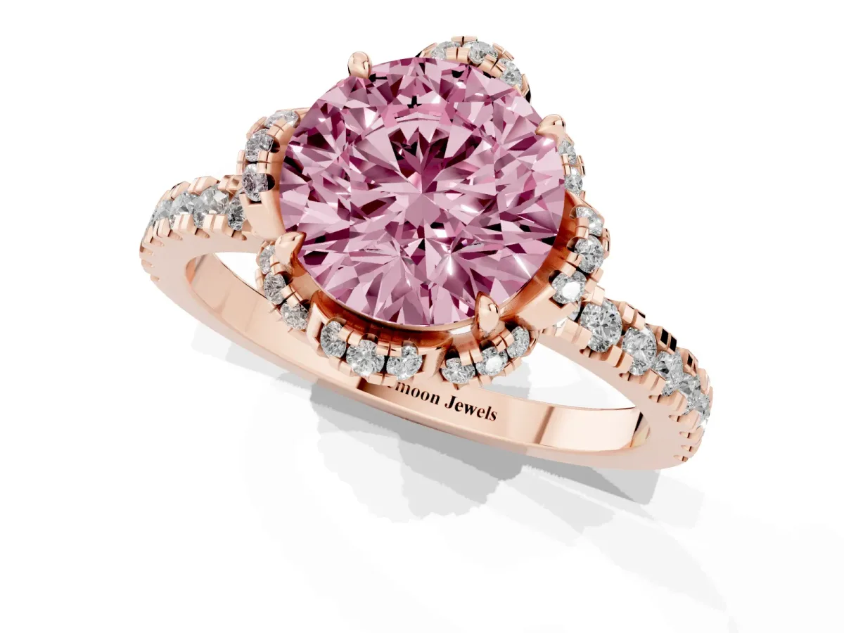 Fancy Pink Round Cut Diamond Halo Pave Band with Four-Prong Setting Rose gold