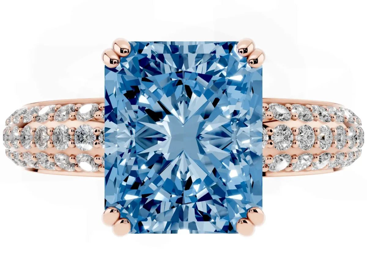 Fancy Blue Radiant Cut Diamond Solitaire Ring with Multi-Row Round Pavé Band and Prong Setting Rose gold