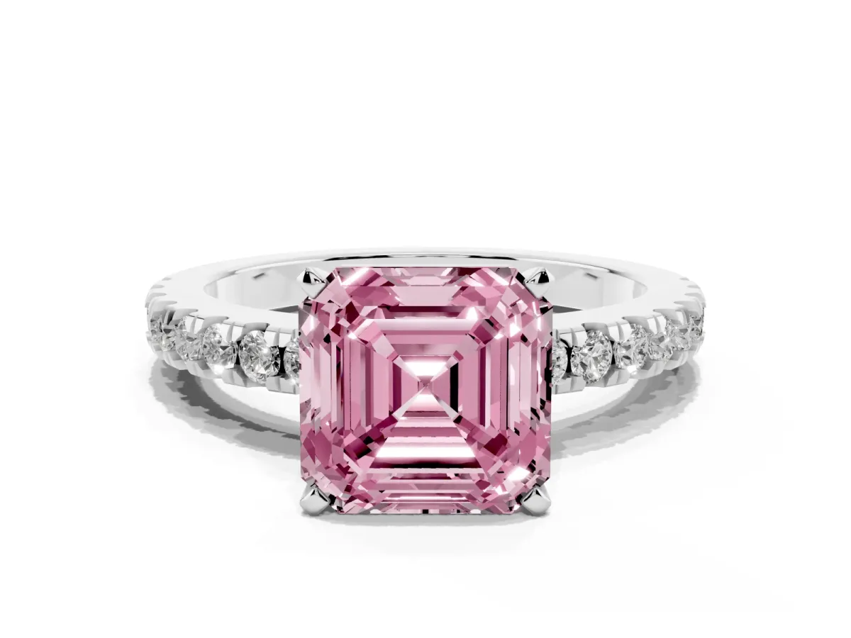 Fancy Pink Asscher Cut Solitaire Diamond with Pavé Band and Four-Prong Setting Platinum