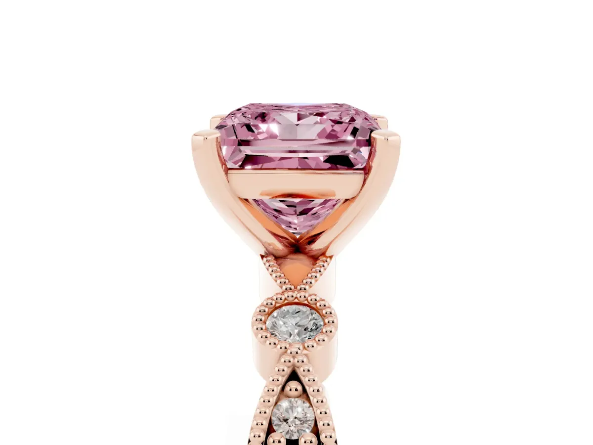 Fancy Pink Princess Cut Milgrain Bezel Diamond Engagement Ring with Solitaire Prong Setting Rose gold