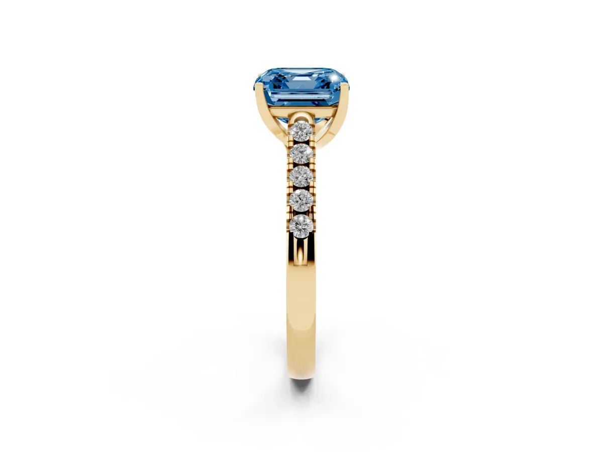 Fancy Blue Asscher Cut Diamond Pavé Band Solitaire Ring with Prong Setting Yellow gold